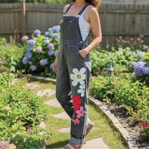 MISSLOOK Gray Denim Overalls with Colorful Floral Appliqués